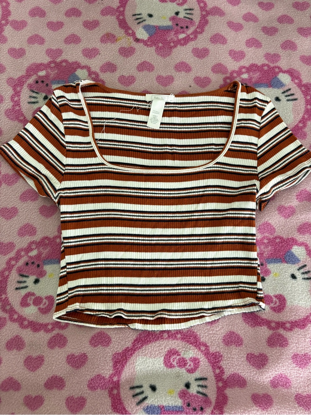 Full Tilt Striped Ribbed Square-Neck Crop Top in Brown, White & Black